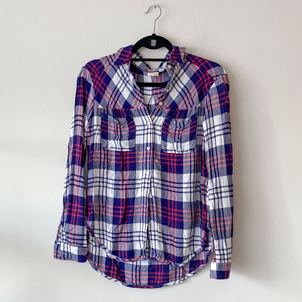 Ace Delivery plaid button down shirt, long sleeves, red white and blue, size XS